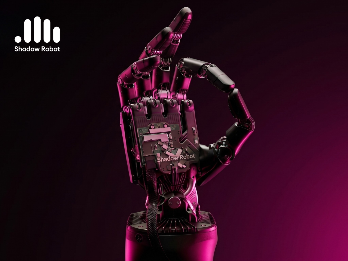 Home 12 Robotic Hand, Shadow Hand doing a okay sign with logo in left corner